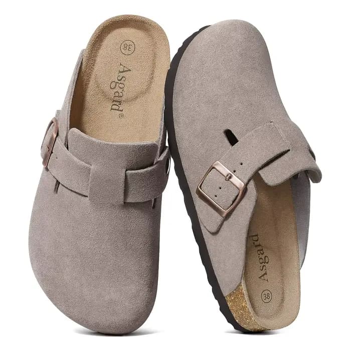 Sabots en daim pour femme Asgard, mules en cuir véritable avec boucle réglable, semelle intérieure en liège confortable et soutien de la voûte plantaire, chaussures pour adulte