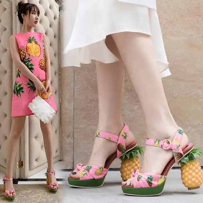 Sandales d'été à plateforme à bout ouvert imprimé ananas rose