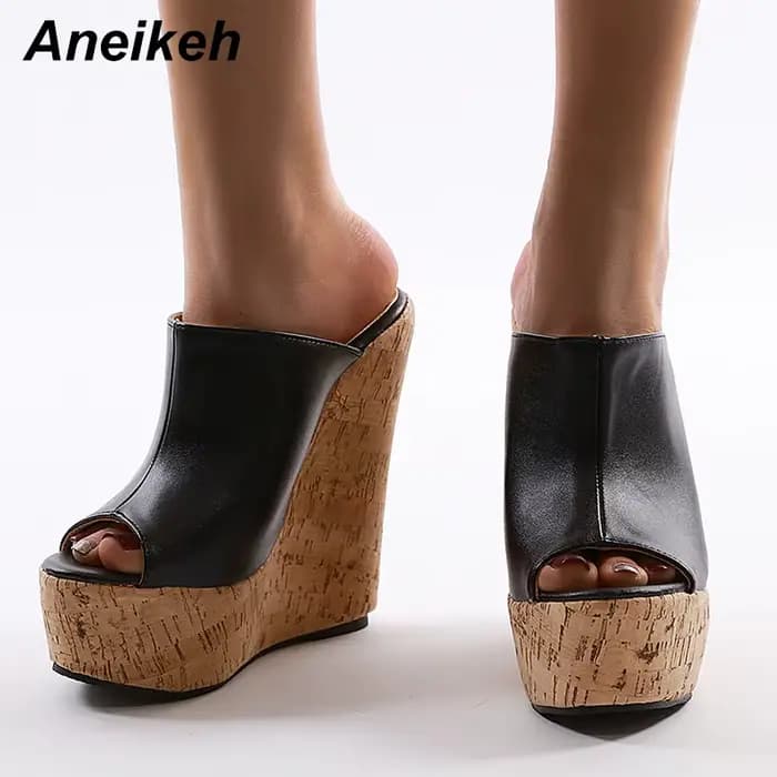 Aneikeh noir plate-forme sandales à talons compensés pantoufles 2025 été mode Peep orteil Super haute hauteur Sexy sandale Mules zapatillas mujer