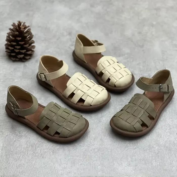 Sandales Plates Rétro en Cuir de Vache pour Femme