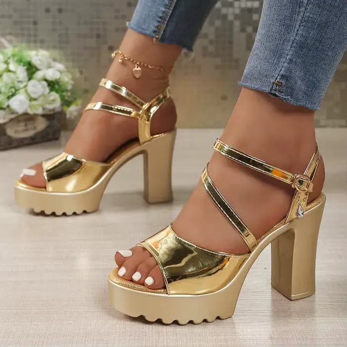 Or argent mariage femmes plate-forme sandales talons hauts épais miroir PU Sexy décontracté fête dame bride à la cheville chaussures de gladiateur