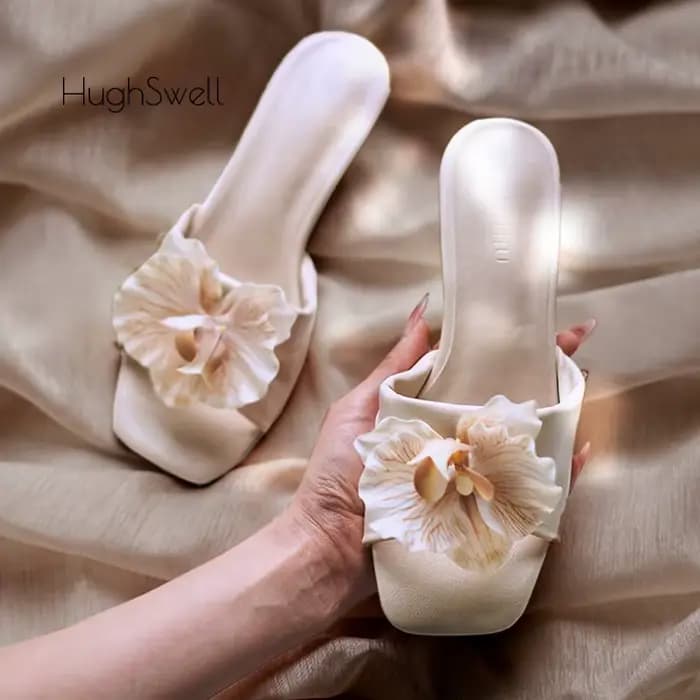 Élégant couleur nue papillon orchidée fleur Stiletto Mule glisser femme marque Design bout carré doux chaton talon pompe florale chaussure