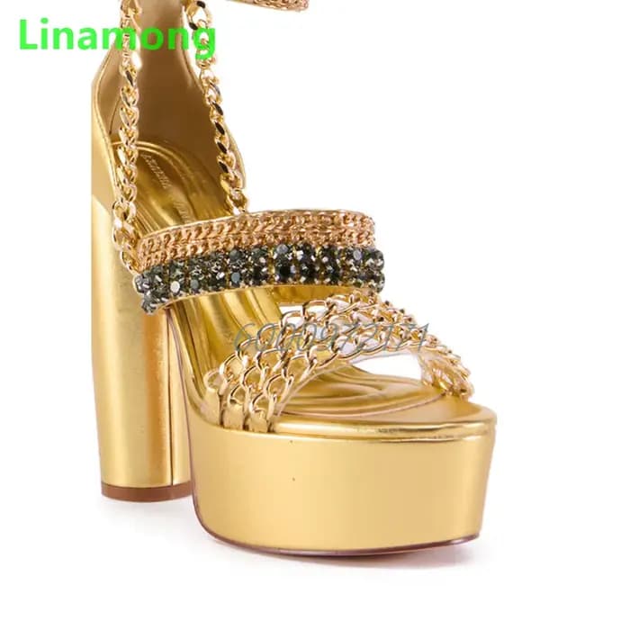 Sandales à talons carrés et plateforme dorée pour femmes