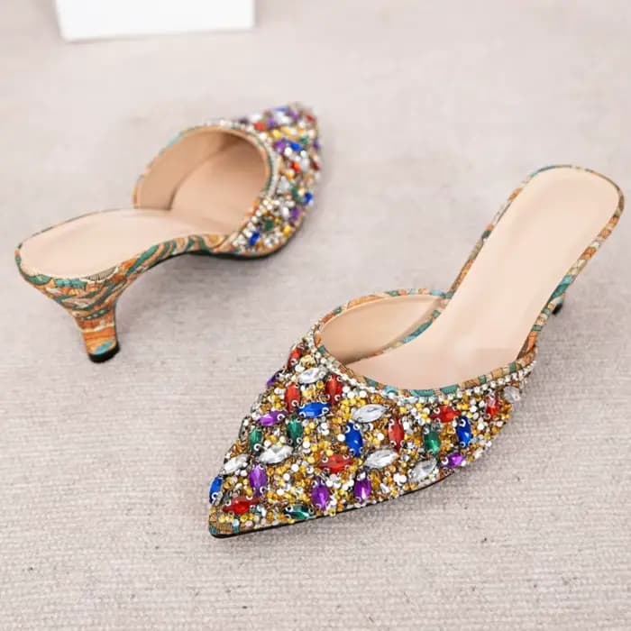 Pantoufles de luxe à talons chaton et strass pour femmes