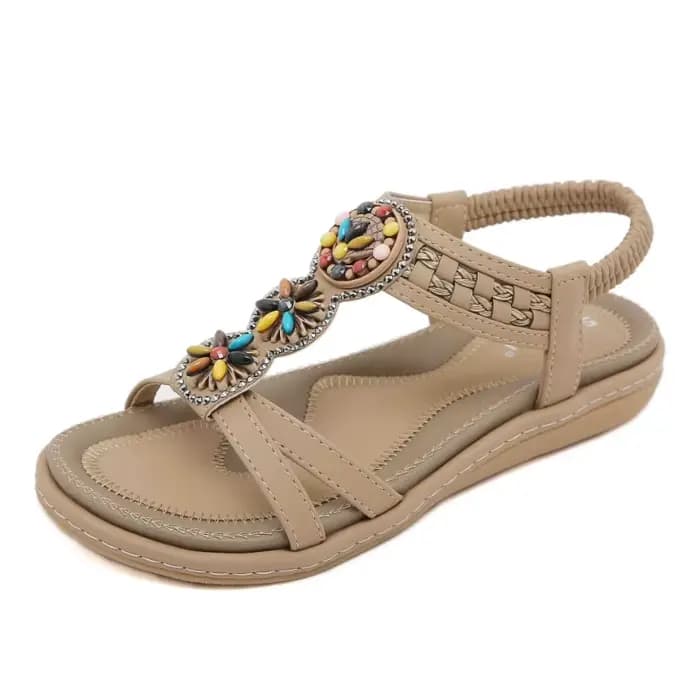Sandales bohèmes brodées pour femmes avec des perles colorées, style ethnique, talon plat, chaussures d'été pour la plage et les occasions décontractées