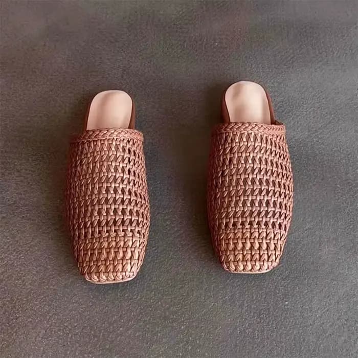 Femme chaussures femmes Mules bout carré évider deux couches peau de vache