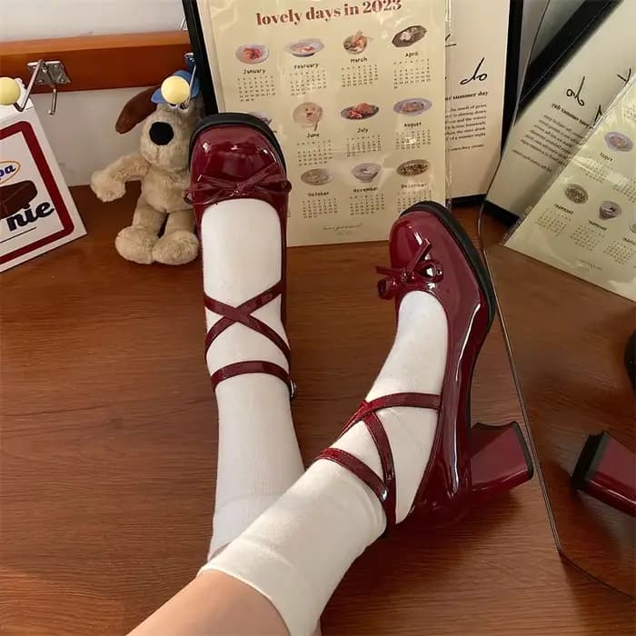 Rouge Mary Jane femmes pompes épais talons hauts chaussures femme Lolita bout carré