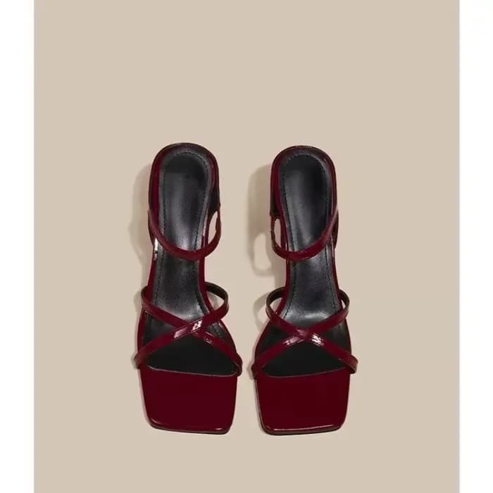 Sandales à talons hauts rouge vin pour femmes, bout carré, décor de nœud papillon, pantoufles d'extérieur d'été, chaussures de fête de mariage à talons fins, nouvelle collection
