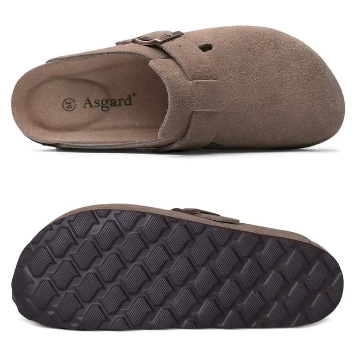 Sabots en daim pour femme Asgard, mules en cuir véritable avec boucle réglable, semelle intérieure en liège confortable et soutien de la voûte plantaire, chaussures pour adulte