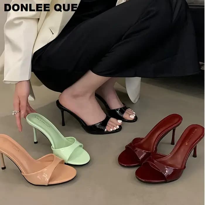 2026 Mode Sexy Mules à Talons Hauts Fins pour Femme, à Bout Ouvert, en Cuir Verni, Sandales d'Extérieur