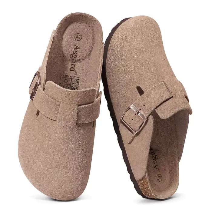 Sabots en daim pour femme Asgard, mules en cuir véritable avec boucle réglable, semelle intérieure en liège confortable et soutien de la voûte plantaire, chaussures pour adulte