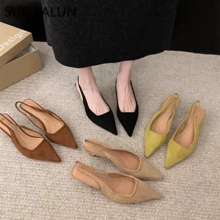 SUOJIALUN 2024 printemps nouvelles femmes sandale mode bout pointu peu profond sans lacet robe Mules chaussures mince