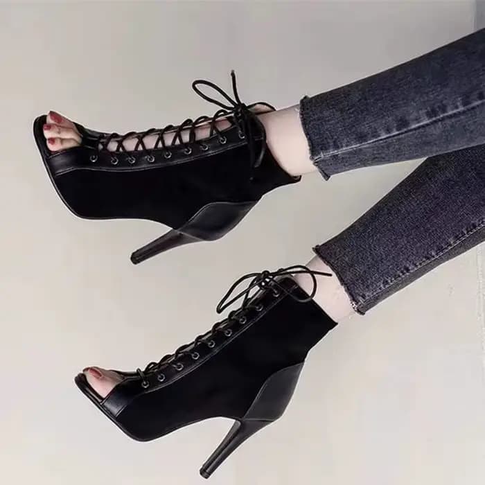 Sandales à lacets talons 9CM chaussures pour femmes été 2024 tendance noir Sexy bottes à bout ouvert mode tissu