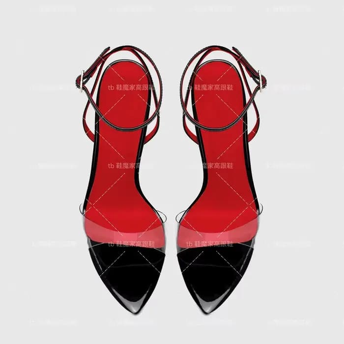 2025 nouvelles chaussures à talons hauts à semelle extérieure rouge avec bouts pointus noirs boucle droite exposée avec talons fins sandales sexy pour femmes