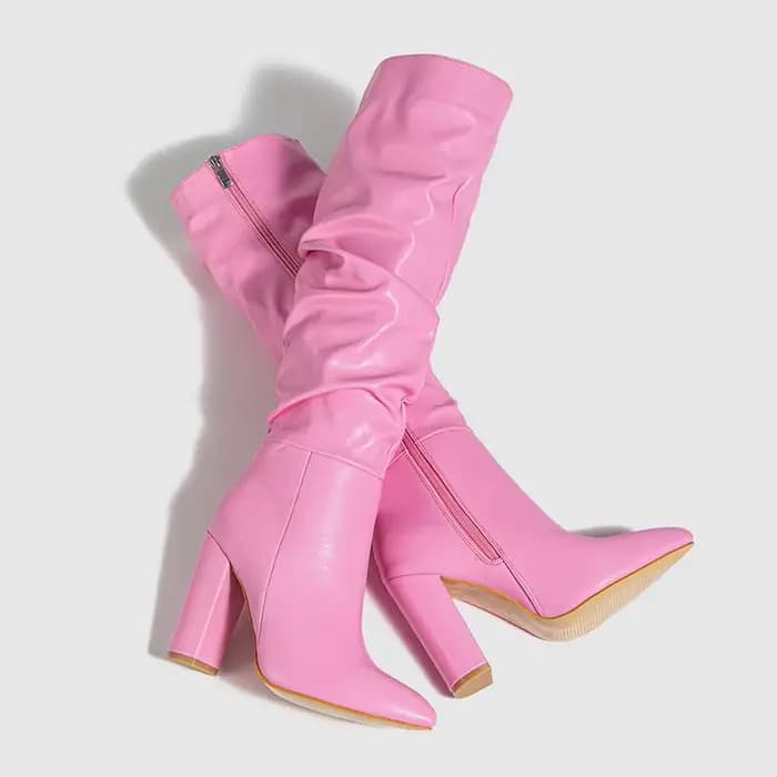 Bout pointu talon épais femmes bottes plissé côté fermeture éclair
