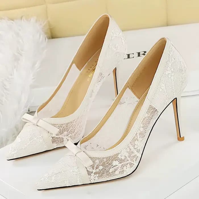 Nouvelles Escarpins Chic pour Femme en Dentelle Champagne à Talons Hauts de 9