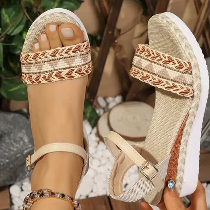 Bohème tressé sandales à talons compensés pour femmes été 2025 plage décontracté bride à la cheville