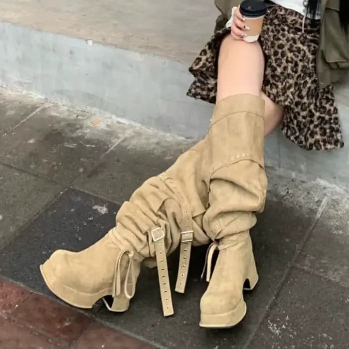 Bottes hautes à talon épais kaki pour femme