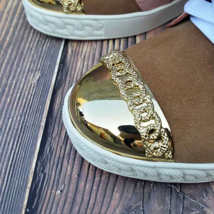 Métal doré orteil haut compensé Patchwork espadrilles décontractées femmes hauteur intérieure augmentée daim couleur