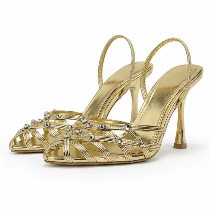 Talons hauts Slingback dorés de qualité supérieure avec strass scintillants
