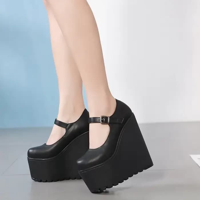 Escarpins à Talons Compensés en Cuir Noir pour Femme, Chaussures à Plateforme, Talons Hauts, Parker Rond, Vêtements de Plein Air pour Dames, Tenue de ix, Sangle de Rincage, 16cm