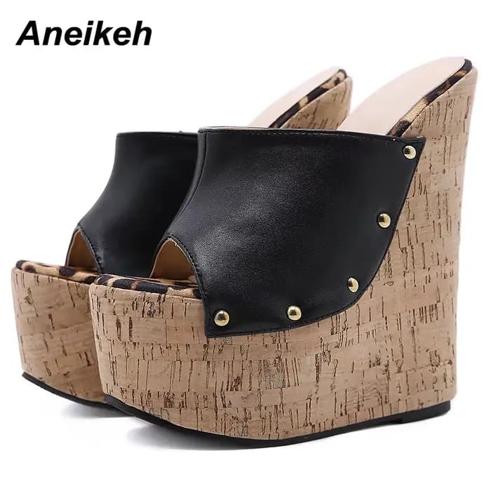 Aneikeh 2025 mode d'été sandales à bout ouvert plate-forme talons Super hauts sandales à rivets en métal à enfiler Rome fête femmes Mules noir