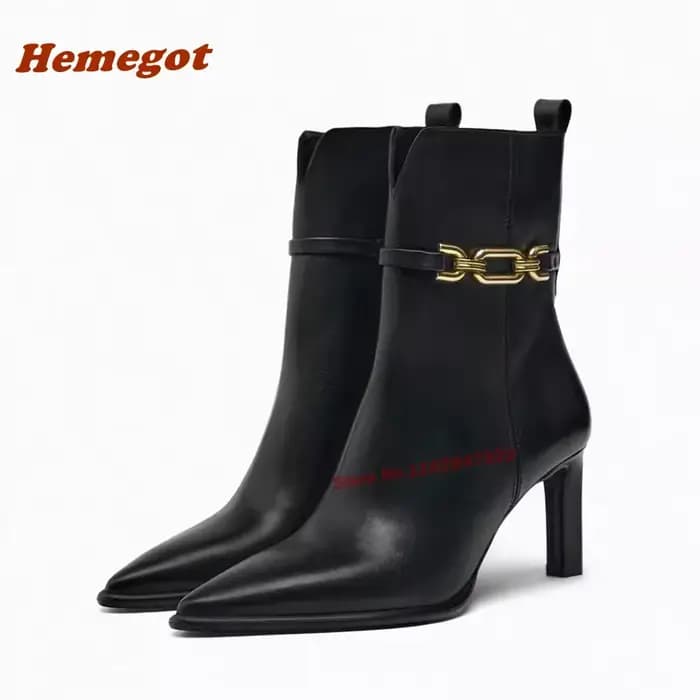 Bottines à talons hauts en cuir avec décorations métalliques, chaîne noire, à enfiler, pour femme, talons aiguilles, bottines courtes de luxe pour l'hiver