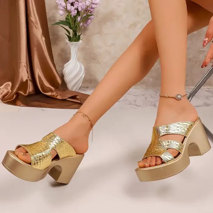 Sandales compensées de luxe pour femme en similicuir croco doré