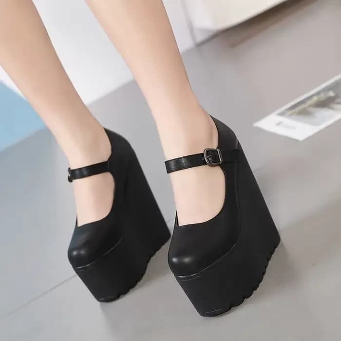 Escarpins à Talons Compensés en Cuir Noir pour Femme, Chaussures à Plateforme, Talons Hauts, Parker Rond, Vêtements de Plein Air pour Dames, Tenue de ix, Sangle de Rincage, 16cm