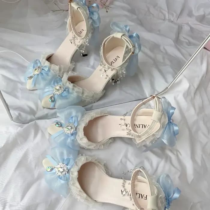 Chaussures Lolita à talons blancs et bleus pour femmes, chaussures Mary Jane, chaussures de mariage à plateforme, chaussures élégantes à talons pour fête