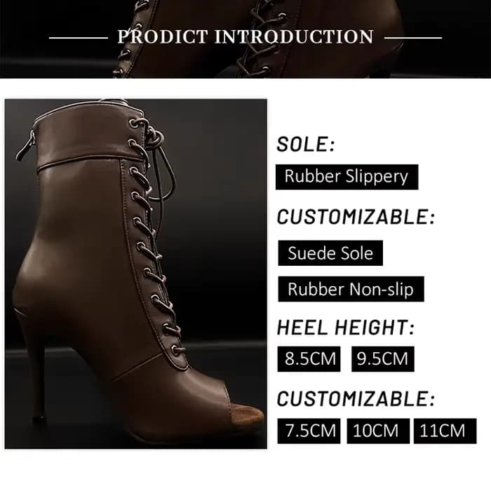 Bottines de jazz marron pour femme à talons fins, bout ouvert, à lacets, chaussures de danse à talons hauts, bottes de danse latine, chaussures de soirée sexy