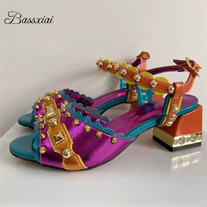 Sandales de Luxe à Rivets et Lanières en T pour Femme, Chaussures à Talon Carré en Clip, en Cuir group, pour Documents Mixtes, de ix, d'Été