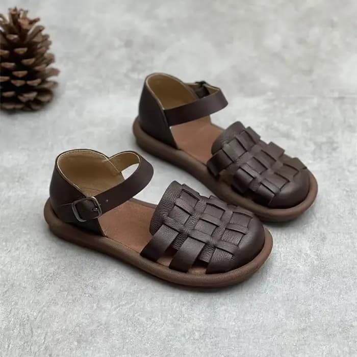 Sandales Plates Rétro en Cuir de Vache pour Femme