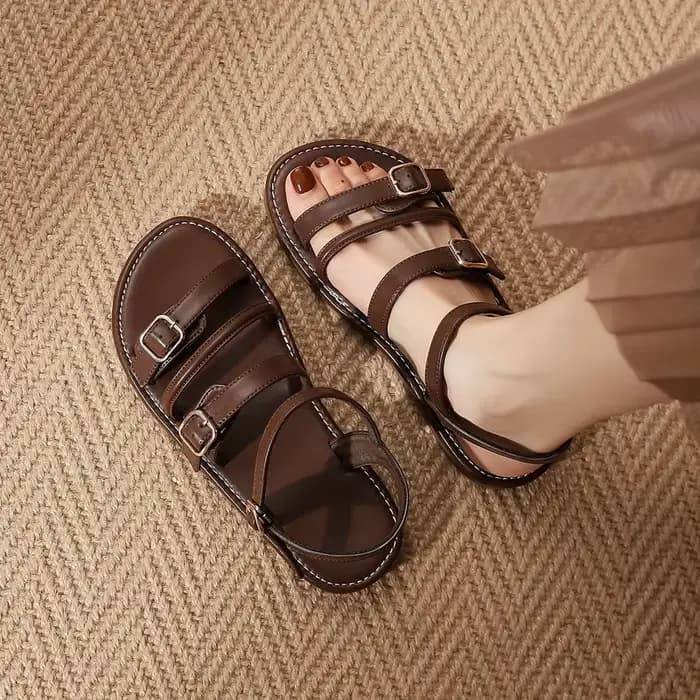 Sandales romaines pour femmes, chaussures d'été décontractées à semelle plate, marron, pour la plage, polyvalentes, faciles à enfiler