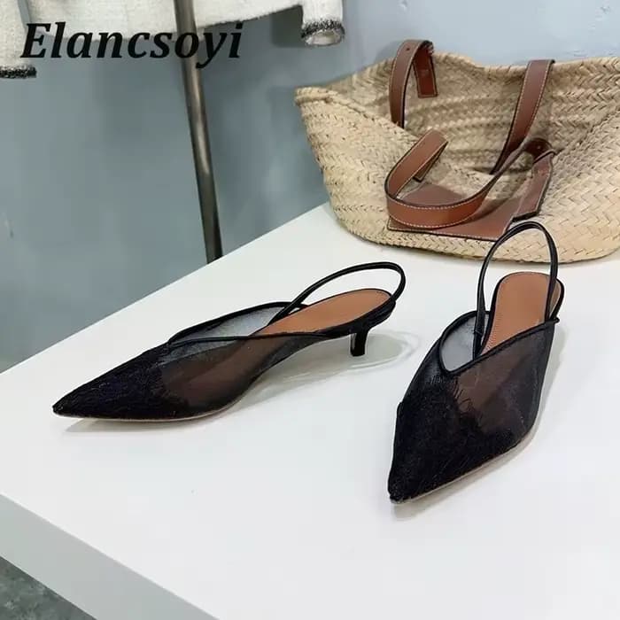 Mode Satin dentelle chaton talons bout pointu sandales femmes pompes talons bas sangle arrière Sandalias été élégant Banquet chaussures