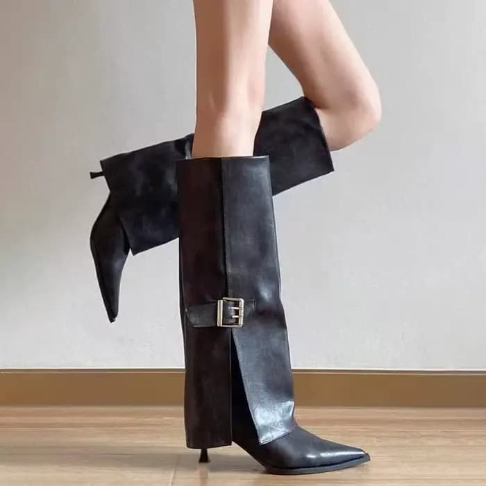 Bout pointu bottes de chevalier femmes boucle de ceinture talon haut manchette