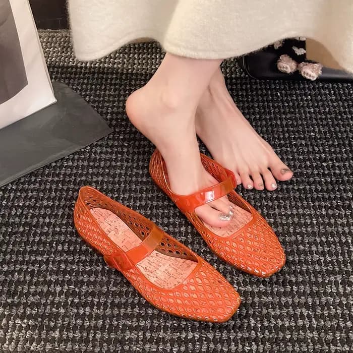 Sandales ajourées pour femme, nouvelle collection été, à la mode, avec boucle à un bouton, respirantes, à semelle plate et bout carré