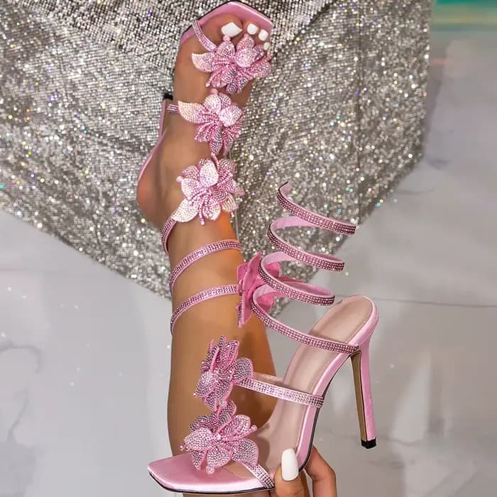 Eilyken nouveau Design cristal fleur bride à la cheville femmes sandales Sexy mince talons hauts bout ouvert décapant fête dames chaussures