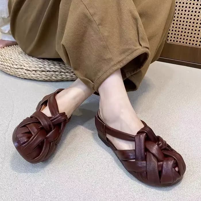 Sandales plates rétro en cuir véritable tressé rouge pour femme