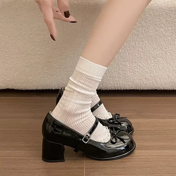 Chaussures Mary Jane rétro à talon épais et nœud papillon en dentelle pour femme