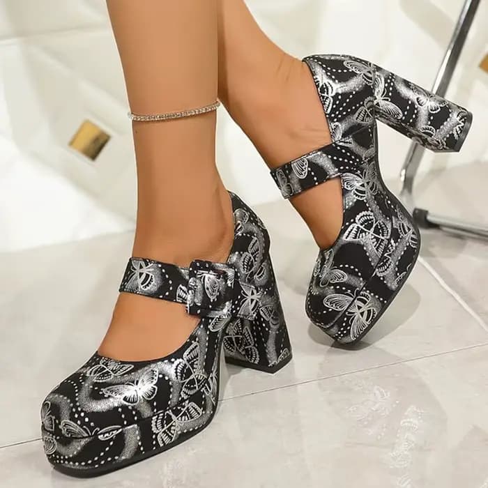 Escarpins Vintage imprimé papillon pour femmes, chaussures à plateforme à talons épais, Mary Janes, Chic, boucle à la cheville, chaussures à talons hauts pour dames