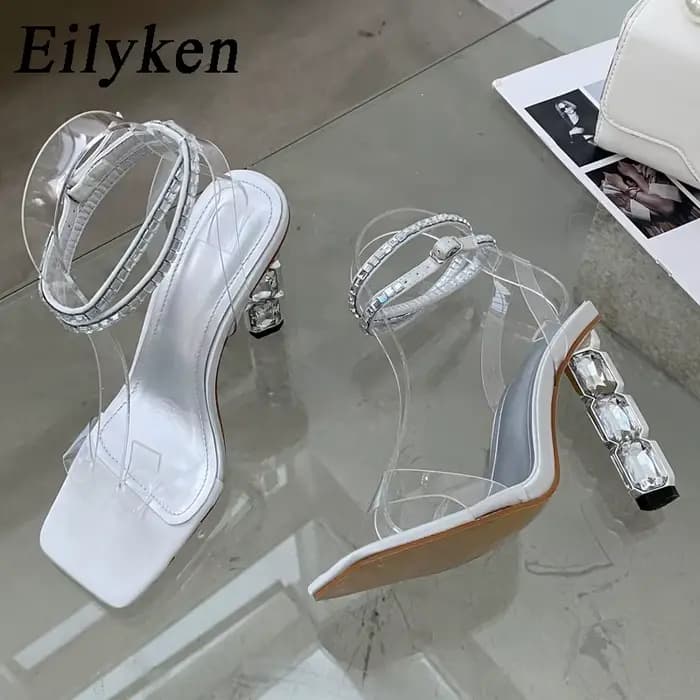 Eilyken été cristal embelli sandales à talons hauts femmes diamant bout ouvert bride à la cheville soie Satin strass chaussures de Banquet