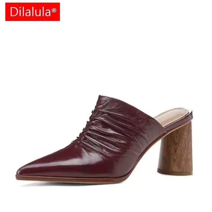 Dilalula 2025 Mules à talons hauts en cuir véritable pour femmes pantoufles plissées à bout couvert dames