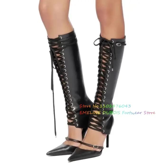 Blanc bout pointu à lacets genou botte haute femmes été nouveau Sexy creux boucle sangle talon aiguille avant croix attaché sandales