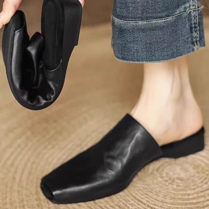 Mules pour femmes vêtements chauds femme carré bout fermé pantoufles peau de vache chaussures plates en cuir véritable