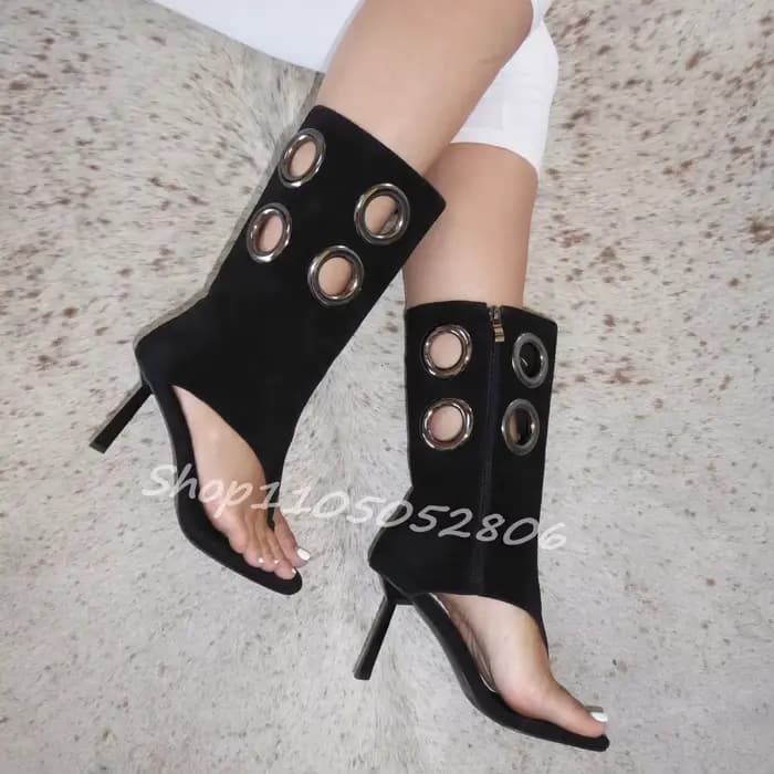 Nouvelles Bottes à Talons Hauts pour Femmes 2026 – Bottines Tendance à Bout Ouvert avec Cercle Métallique – Chaussures Femme Grande Taille