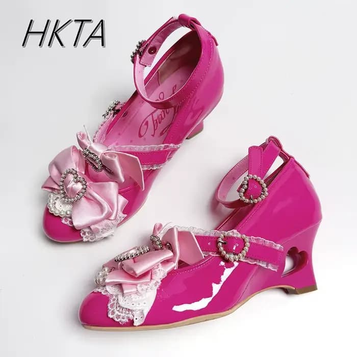 Chaussure compensée imprimée série Gal chaussures à talons creux saveur ancienne japonaise Lo chaussures nœud Punk Lolita perles amour Mary Jane chaussure