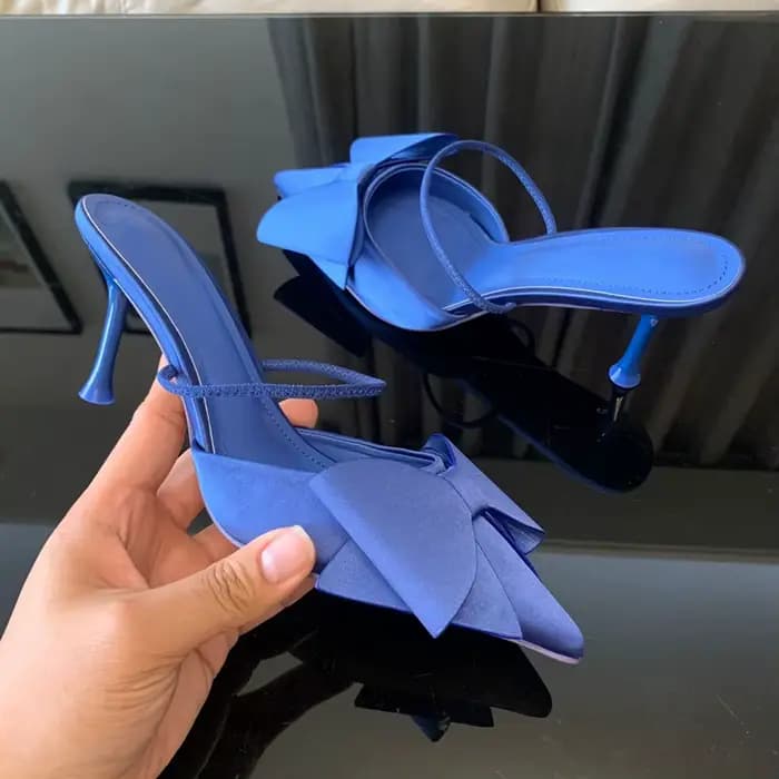 Mode noeud papillon talons hauts sandales femmes 2025 été Slingback pompes Vintage Satin bout pointu talon élégant fête dame chaussures