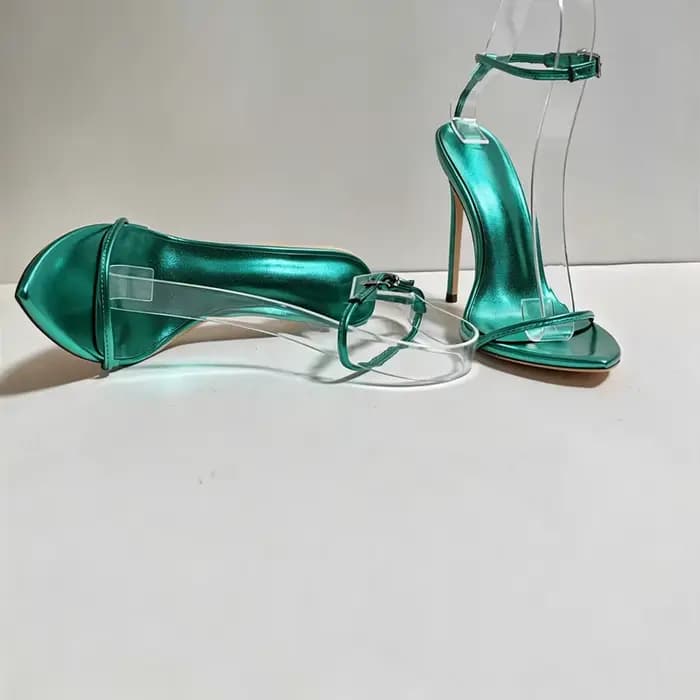 Sandales à talons aiguilles vert métallisé pour femme avec bride cheville