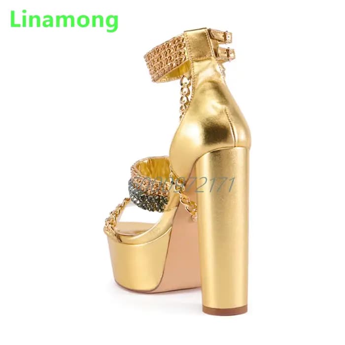 Sandales à talons carrés et plateforme dorée pour femmes